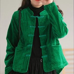 Buykud Asian Inspired Frog Toggle Buttons Corduroy Jacket Coat